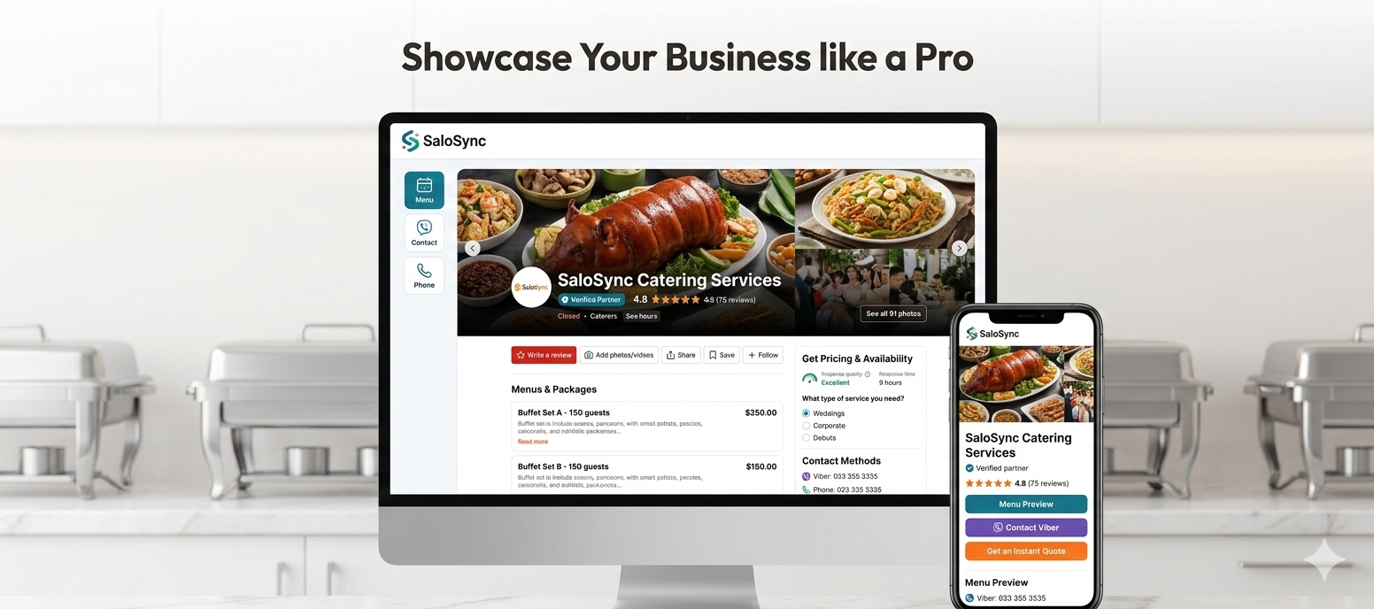 Preview of a SaloSync catering business listing showing professional storefront on desktop and mobile
